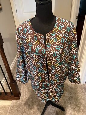 Kim Rogers Brown Jacket with Turquoise, Yellow & Cream Leaf Motif